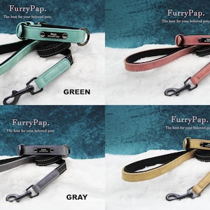 May include: Four leather dog collars and leads in different colours: green, purple, grey, and khaki. Each collar and lead has a metal buckle and a metal tag that says "FurryPap. The best for your beloved pets."