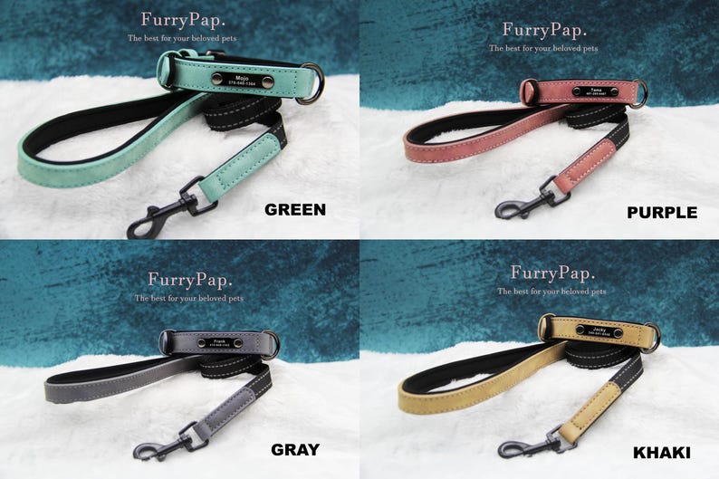 May include: Four leather dog collars and leads in different colours: green, purple, grey, and khaki. Each collar and lead has a metal buckle and a metal tag that says "FurryPap. The best for your beloved pets."