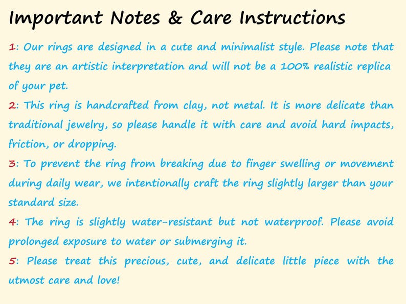 May include: A light yellow informational card with black text titled Important Notes & Care Instructions. It lists five numbered points in blue text regarding the handling, material, sizing, and water resistance of handcrafted clay rings.