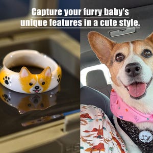 May include: A white ceramic ring featuring a hand-painted Corgi face and black paw prints. The text "Capture your furry baby's unique features in a cute style." is displayed above the ring next to a photo of a Corgi wearing a pink bandana.