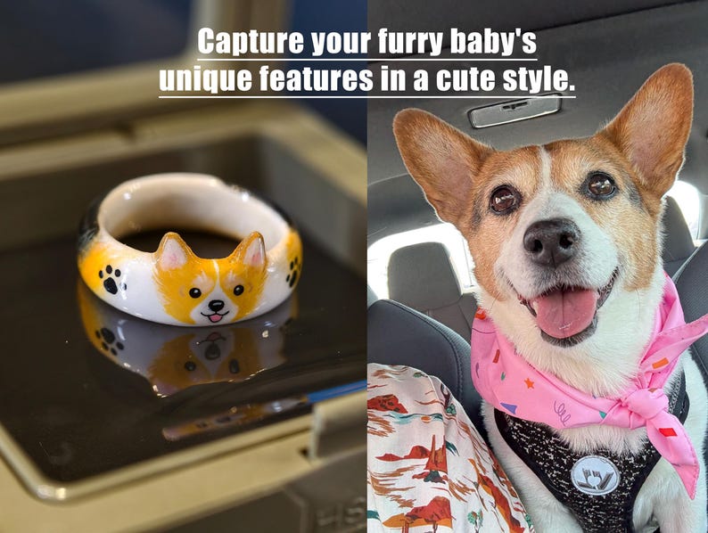 May include: A white ceramic ring featuring a hand-painted Corgi face and black paw prints. The text "Capture your furry baby's unique features in a cute style." is displayed above the ring next to a photo of a Corgi wearing a pink bandana.