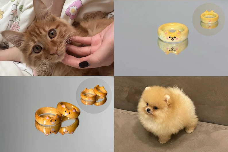 K&ouml;nnte beinhalten: Zwei gelbe Keramikringe mit einem Katzenkopfdesign. Die Ringe sind &uuml;bereinander gestapelt und spiegeln sich auf einer gl&auml;nzenden Oberfl&auml;che.