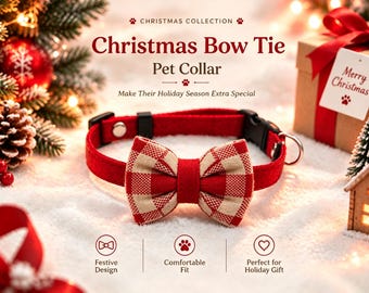 Personalized Christmas Dog Collar with Bow Tie, Red Holiday Pet Collar