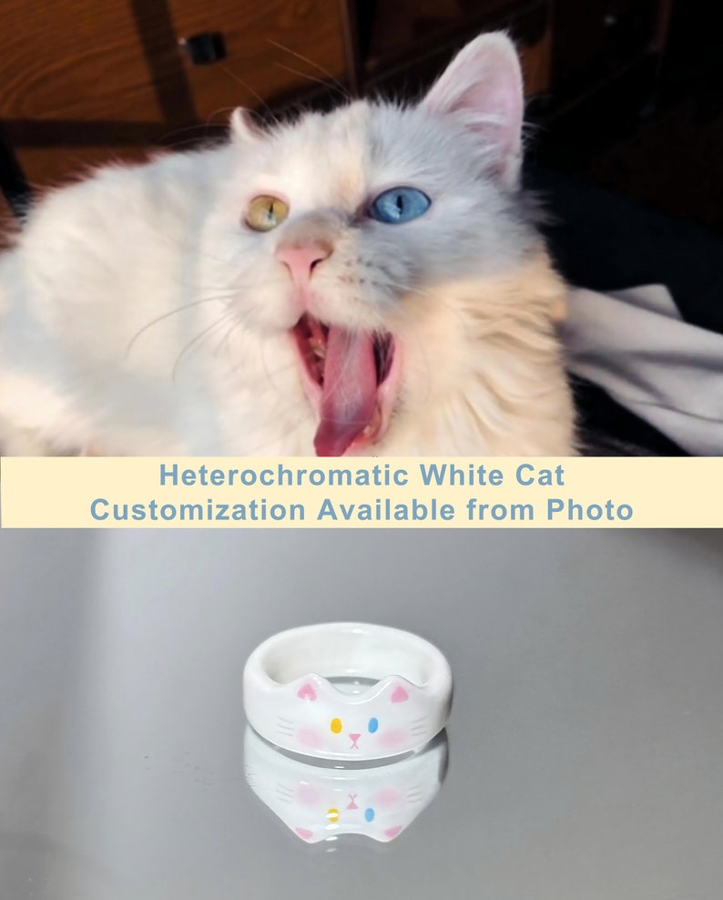 K&ouml;nnte beinhalten: Wei&szlig;er Keramikring mit einem Katzenkopfdesign. Die Katze hat ein blaues und ein gelbes Auge. Der Ring liegt auf einer reflektierenden Oberfl&auml;che.