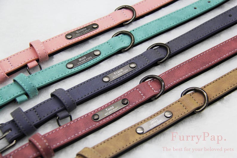 May include: Five different coloured leather dog collars with personalised metal name tags and phone numbers. The collars are pink, teal, dark blue, burgundy and brown.