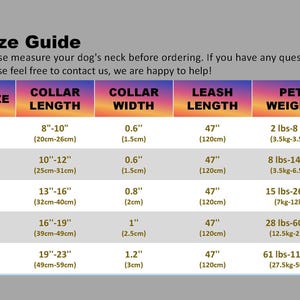 May include: Size guide for dog collars and leashes. The chart shows collar length and width in inches and centimetres, leash length in inches and centimetres, and pet weight in pounds and kilograms.