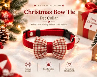 Christmas Bow Tie Pet Collar, Personalized ID Tag, Cat & Dog Holiday Collar