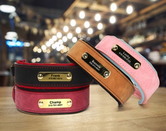 Personalized Wide Leather Dog Collar: Engraved Pet ID Tag