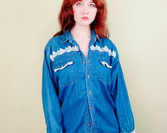 Koszula dżinsowa w stylu vintage z lat 90. | Zapinana na guziki w stylu zachodnim | Dżinsowa bluzka z koronkowymi zdobieniami | Luźna koszula dżinsowa / S - L