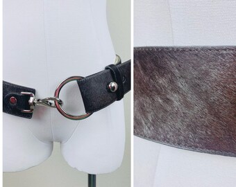 1990s Vintage Etcetra Chocolate Brown Hair Hide Leather Buckle Belt / Small - Large