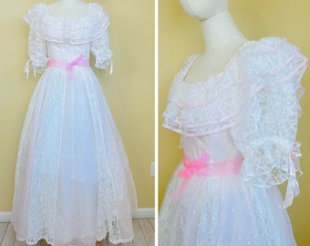 1980s Vintage Precious Moments Pink Flocked Heart Dress / 80s Lace Romantic Ruffled Puffed Sleeve Maxi Gown / Size XS