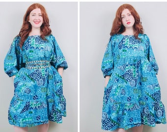 1990s Vintage Aria Turquoise Indian Cotton Swing Dress / 90s / Nineties Abstract Print Puffed Sleeve Dress / Size Large - XXL