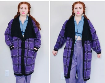 1980s Vintage Wool Acrylic and Nylon Cocoon Sweater / 80s Purple Plaid Collared Cervelle Cardigan / Small - Medium