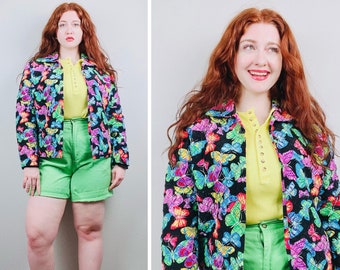 1990s Vintage Maggy London Colorful Silk Jacket / 90s Rainbow Butterfly Quilted Coat / Size XL / 16