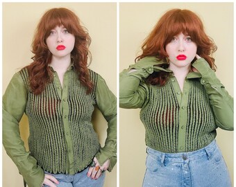 Y2K Green Silk Mesh Insert Blouse / Vintage Large Cuff Button Closure Stretch Button Up / Large - XL