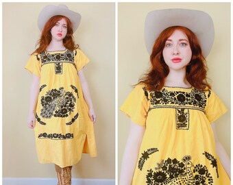 1970s Vintage Yellow and Black Embroidered Cotton Dress / 70s Floral and Peacock Swing Dress / Medium - XL