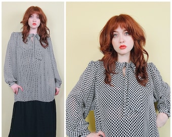 1980s Vintage Jo Hanna Plus Size Checkered Dress / Black and White Op Art Drop Waist Pussybow Dress / Size 22