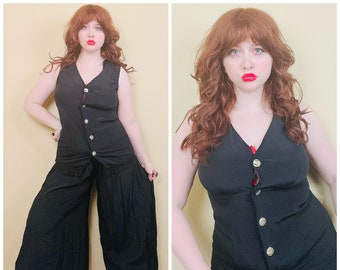 1990s Vintage Acetate Rampage Palazzo Pant Set / 90s Black Long Line Vest Lace Trim Suit / Size Small -Medium