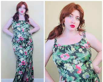 1980s Vintage Botanical Floral Knit Maxi Dress / 80s Disco Rhinestone Split Front Party Dress / Size  Medium - Large