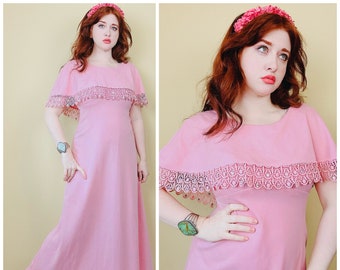 1970s Vintage Miss Rubette Pink Poly Knit Maxi Dress / 70s Seventies Rhinestone Cape Lace Trim Gown / Size Small - Medium