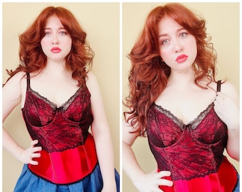 Bustier en dentelle rouge et noire Cacique de l'an 2000 / débardeur romantique corset gothique vintage / grand