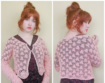 1990s Vintage Ramie Cotton Peach Crochet Sweater / 90s Sweet Cottage Core Sheer Floral Cropped Cardigan / Small