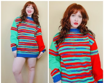 1980s Vintage Red and Blue Homemade Striped Acrylic Sweater / 80s Oversized Contrast Green Grandpa Cosby Knit Jumper / XL