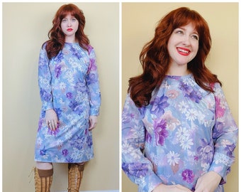 1970s Vintage Blue and Purple Floral Shift Dress / 70s / Seventies Mod Flower Power Knit Dress / Size XXL