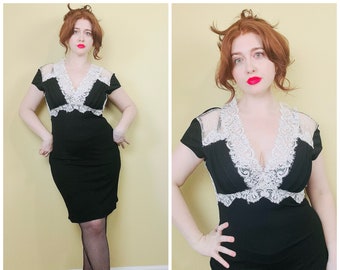 1990s / Y2K Moda Int'l Rayon/Nylon Black Lace Dress/ 90s Cream Wiggle Knit Stretch Dress / Medium
