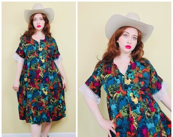 1990s Vintage Rayon Rainbow Floral Print Dress / 90s Colorful Grunge Lace Trim Smock Dress / Size Large