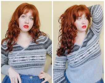 1990s Vintage Faded Glory Angora Grey Sweater / 90s Nylon Fuzzy Snowflake Fair Isle Wrap Knit Jumper / Medium