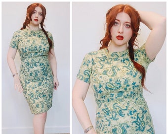 1960s Vintage Paisley Cotton Wiggle Dress / 60s / Sixties Elastic Taupe and Blue Belted Dress / Medium - Large