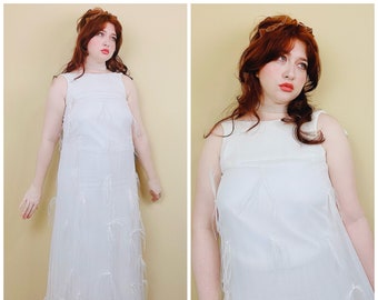 1960s Vintage White Chiffon Feather Wedding Dress / 50s / Sixties Bow Back A-Line Maxi Gown / Size Small - Medium