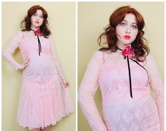 1980s Vintage Baby Pink Floral Lace Dress / 80s / Eighties Sheer Lace Mermaid Dress With Slip / Large