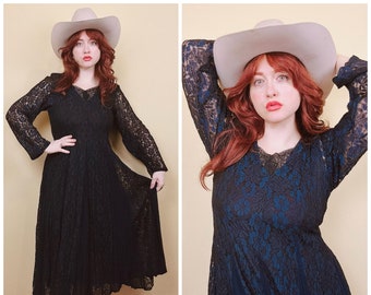 1990s Vintage Nostalgia Rayon Lace Dress / 90s Grunge Sheer Floral Navy Blue and Black Midi Dress / Size Small - Medium