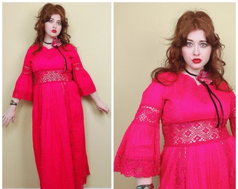 1970s Vintage Raspberry Hot Pink Cotton Pin Tucked Maxi Dress / 70 Sheer Lace Bell Sleeve Mexican Wedding Dress / Medium - Large