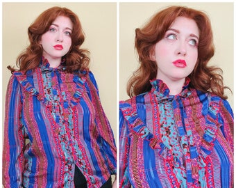 1980s Vintage Blue and Red Abstract Print Ruffled Blouse / 80s Silk High Neck Prairie Button Up Shirt / Medium - Large