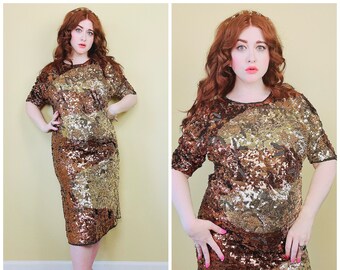 1980er Jahre Vintage Iris Gold und Bronze Paillettenkleid / 80er Jahre Vollständig perlenbesetztes Floral Cap Sleeve Side Slip Party Dress / Size Large - XL