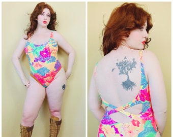 1990s Vintage Sunray Neon Floral Leotard / 90s Blader Cross Back Cotton Lycra One Piece / Size Large