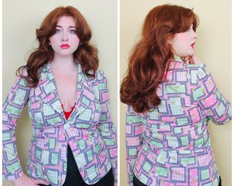 1970s Vintage Patchwork Single Button Blazer / Pink and Green Floral Poly Knit Jacket / Size Medium - Large