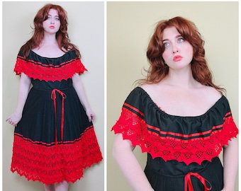 1980s Vintage Cotton Blend Lace Off Shoulder Dress / 80s Red and Black Ribbon Ruffled Sundress / Large - XL