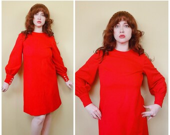 1970s Vintage Red / Orange Knit Shift Dress / 70s Polyester Long Sleeve Mod Dress / XL