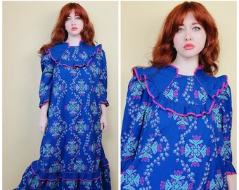 1980s Vintage Tori Richards Golden Monarch Floral Print Mumu / 80s Cotton Blend Blue and Purple Ruffled Maxi Dress / XL - 1X