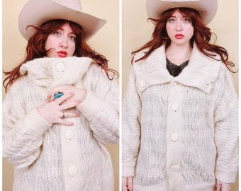 1980s IB Diffusion Cream Wool Cocoon Jacket / 80s / Eighties Cowl Neck Oversized Dolman Sleeve Knit Sweater Coat / XL