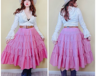 1980s Vintage Pink Tiered Midi Skirt / 80s Western Circle Prairie Skirt / Small - Medium