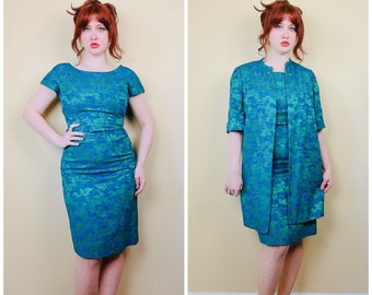 1960s Vintage Franklin Originals Blue and Green Brocade Dress Set / 60s Wiggle Dress and Floral Overcoat / Size Medium