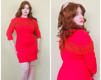 1980er Vintage rotes Baumwollstrick Body Con Kleid / 80er Jahre Herzen Fransenbesatz Westernkleid / Size L