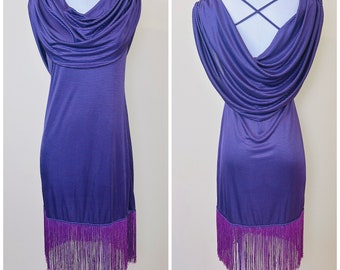 1970s Vintage Purple and Black Striped Nylon Dress / 70s / Seventies New Wave Disco Fringe / Fringed Dress / Size Small - Medium