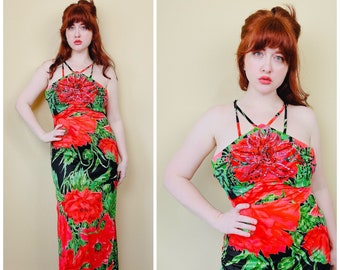 1970s Vintage Orange and Green Floral Nylon Maxi Dress / 70s Halter Cage Neck Flower Print Disco Gown / Size Small - Medium