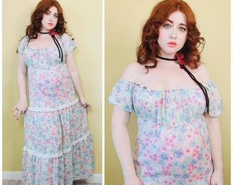 1970s Vintage Cotton Sem Sheer Floral Maxi Dress / 70s / Seventies Lace Trim Empire Waist Off Should Prairie Gown / Size Medium